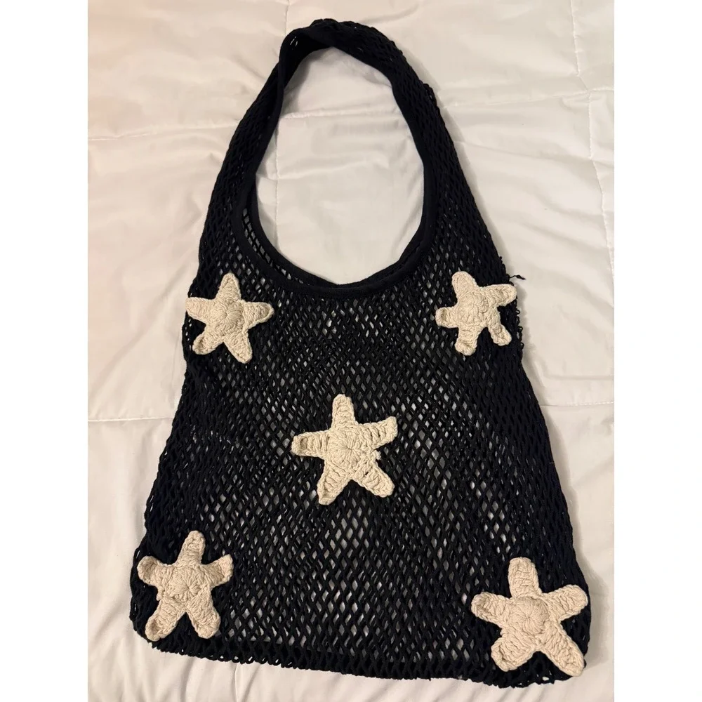 Urban Outfitters Black Fishnet Starfish Mesh Tote Bag Cotton Crochet Beach Bag